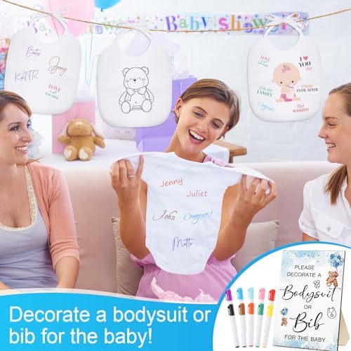 Roowest 35 Pcs Baby Shower Bibs Game with Bib Bodysuit Marker, Bear - Image 6