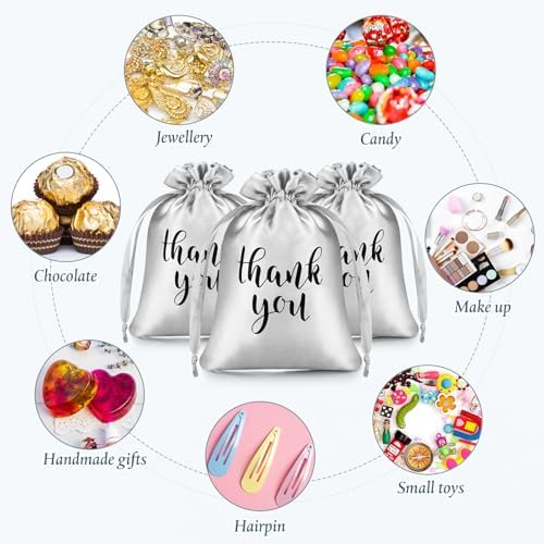 Roowest 4 x 6 Inch 100 Pcs Thank You Satin Gift Bags, Silver - Image 7