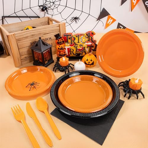 MirthMood 350PCS black and orange Plastic Plates,Black Disposable Plates –Plastic Plates Set Includes 50 Dinner,50 Dessert Plate,50 Cup&50 Napkins, 50 orange Silverware for Parties&Thanksgiving - Image 6