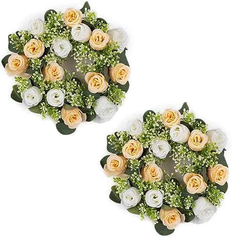 NUPTIO Flower Candle Rings Centerpieces: 13.4 Inch Champagne & White Artificial Rose Wreath for Wedding Party Christmas Decorations - Spring Summer Front Door Porch Decor 2 Pcs by Nuptio