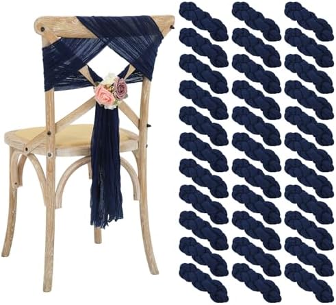 50 PCS Cheesecloth Chair Sashes Bows Wedding Aisle Decorations Chair Ribbon Ties Back Sash for Wedding Party Events Banquet Chair Cover Decoration (Navy Blue) by Lumaycens