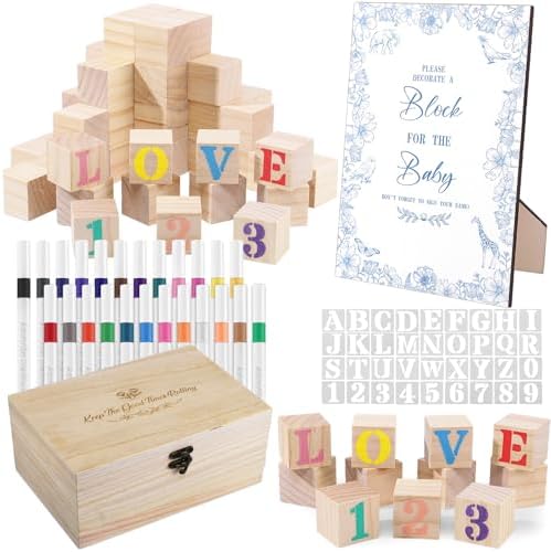 114Pcs Baby Shower Blocks Game Kit, 52 Wooden Blocks, 24 Paint Markers by WSICSE