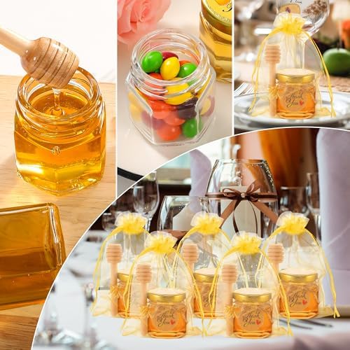 60 Pack Mini Glass Honey Jars Party Favors,1.5 oz Small Hexagon Glass Honey Jars with Dippers,Lids,Gold Bags,Bee Charms,Thank You Cards,Jute,Cute Stickers for Baby Shower Favors,Wedding party gift - Image 4
