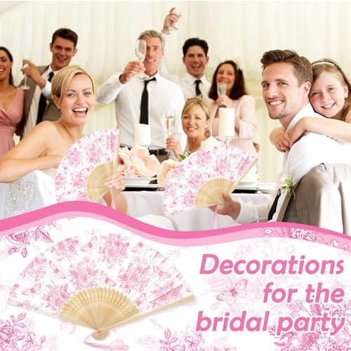 JarThenaAMCS 25 Sets Pink Floral Hand Folding Fans with Bags Wedding Party Favors Chinoiserie Flower Butterfly Foldable Paper Fans with Tassel for Bridesmaid Bridal Shower Decor - Image 3