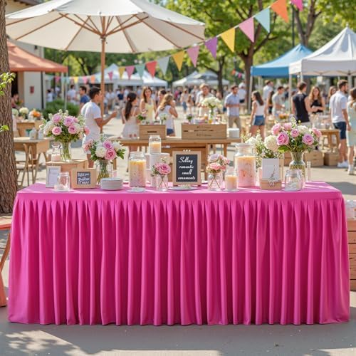 Wish Care Hot Pink Polyester Table Clothes for 8 Foot Rectangle Tables, Wrinkle Free Fitted Table Cover with Pleated Ruffle Table Skirt for Birthday Party Wedding Trade Show Event Display - Image 2