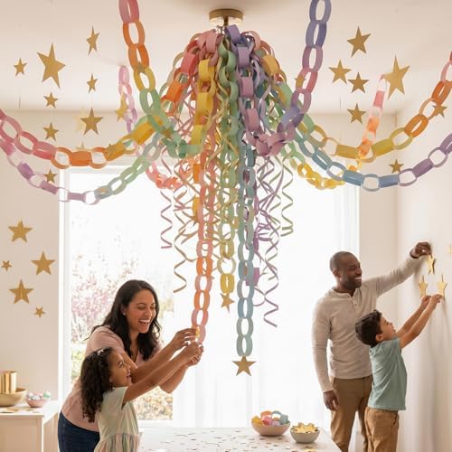Macaron Pastel Paper Chain & Mirror Star Garland Kit with Double-Sided Tape, Pre-Cut 10 Colors Strips. Ideal for Birthday, Baby Shower, Wedding & Party Decor. (500, 3 x 8.27 Inches) - Image 6