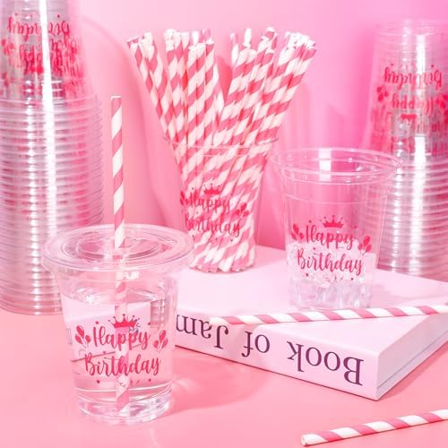 Whaline 50 Pcs 12 Oz Happy Birthday Disposable Plastic Cups with Lids and Straws Hot Pink Cold Beverage Drinking Cups for Home Kitchen Birthday Party Supplies - Image 4