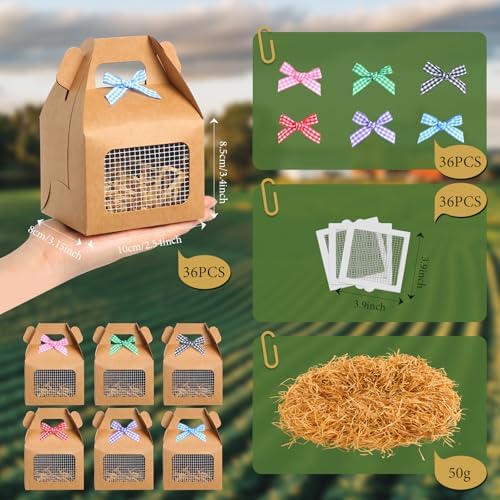 Maitys 36 Pcs Chicken Birthday Party Favor Boxes Farm Animal Foldable Chicken Box with Raffia Grass Bow Paper Treat Goodie Boxes for Adopt Chick Party Birthday, 3.94'' X 3.35'' X 3.15'', Classic - Image 3