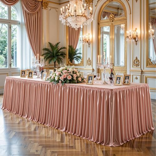 21ft Length Dusty Rose Satin Table Skirt for Rectangle Tables, Wrinkle Resistant Pleated Ruffle Table Cloth Glitter Desk Skirting for Weddings Banquet Birthday Party Bridal Shower Decorations - Image 5