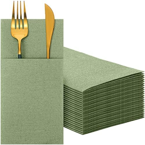 Cindeer 150 Pcs Sage Green Linen Dinner Napkins with Built in Flatware by Cindeer