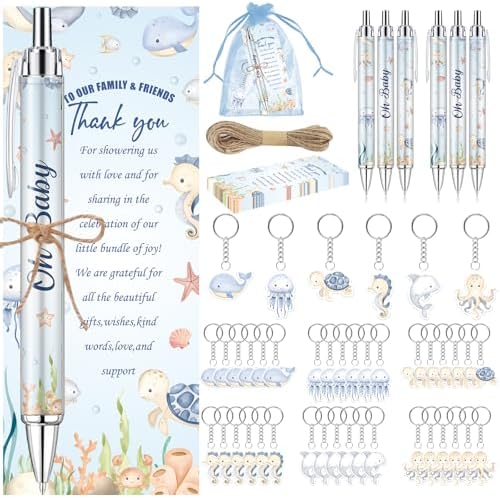 289 Pieces Under the Sea Baby Shower Favors for Guest Ocean Animal Ballpoint Pens and Keychains Gifts Bulk Retractable Baby Shower Pens Gender Reveal Greeting Cards Souvenirs Prizes Party Supplies by EYNDYN