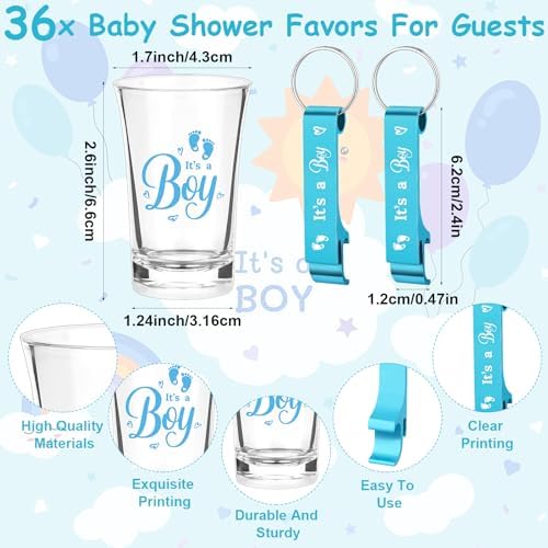 36 Sets Baby Shower Favors Shot Glasses It's a Boy Acrylic Shot Glasses with Bottle Opener Keychain Card Organza Bag Boy Girl Theme Party Thank You Return Gift for Guests Gender Reveal - Image 2