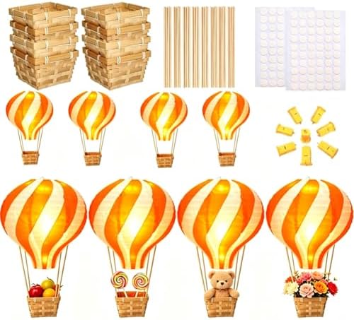 8 Sets Hot Air Balloon Decorations with Led Light,11.8" Baby Shower Centerpieces For Tables Paper Lantern Baby Boy Shower Decorations With Basket For Gender Reveal Birthday Wedding Party (Orange) by Palmhill