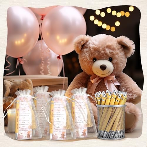 Gilprop 50 Sets Brown Bear Baby Shower Favors for Guests We Can Barely Wait Includes 50 Baby Shower Ballpoint Pens 50 Thank You Bookmarks 50 Organza Bags for Gender Reveal Gifts Guest Prizes - Image 2