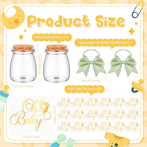 Funnymoom 24 Sets Baby Shower Bottles Favors for Guests Glass 100 ml Milk Jar with Ribbons and Stickers Decorations for Gender Reveal Newborn Centerpiece Party Favor(Sage Green,Baby) - Image 3