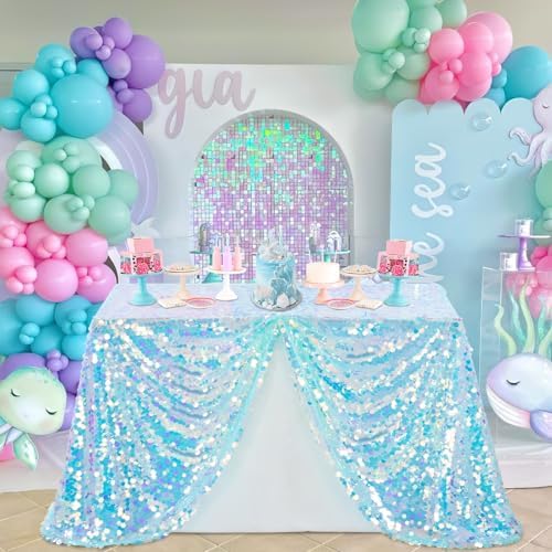 QueenDream Green Tablecloth Sequin Mermaid Fabric: Rectangle Iridescent Table Cloth 51x47 Inches Mermaid Ocean Themed Birthday Party Decorations - Image 3