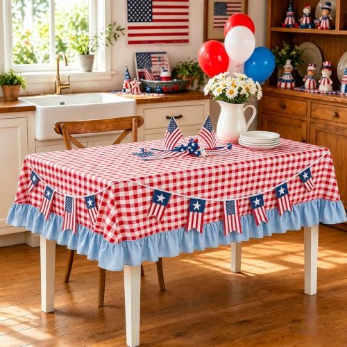 JarThenaAMCS Red Plaid Gingham Blue Ruffled Tablecloth 60 x 120 Inch Rectangular Cotton Farmhouse Table Cover for Birthday Baby Shower Independence Day Party Kitchen Outdoor Picnic - Image 6