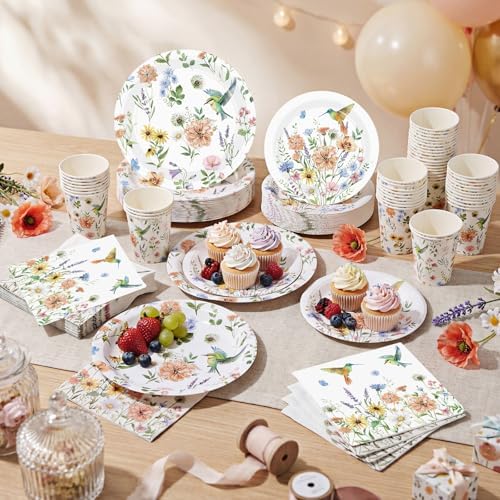 Pickmesh 250 Pcs Spring Wildflower Decoration Floral Hummingbird Themed Disposable Paper Plates Napkins and Cups Dinner Tableware for Birthday Party Dinnerware Birthday Baby Shower Tea Party Supplies - Image 6