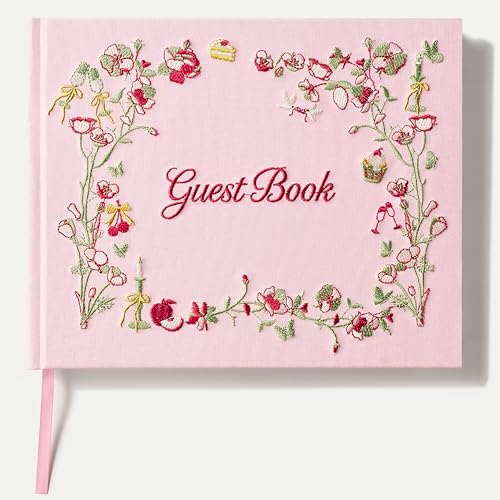 Embroidered Wedding Guest Book, Cotton Cover, Acid-Free Paper, 160 Pages, 9" L × 7" W, Sign in Book for Wedding Reception, Baby Shower&Events, with Envelopes, Table Card&Cotton Pouch (Pink) by Unknown