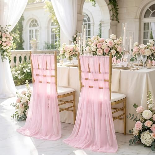 Fanqisi Pink Chair Sashes 16 Pieces 240cm Long Chair Bows Sashes Sheer Tulle Flowy Fabric for Wedding Aisle Chairs Decoration - Image 5
