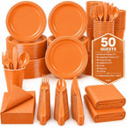 Tinybee 352 Pcs Orange Plastic Plates, Disposable Dinnerware Set for 50 by Tinybee