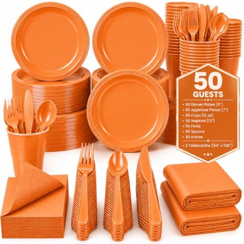 Tinybee 352 Pcs Orange Plastic Plates, Disposable Dinnerware Set for 50 by Tinybee