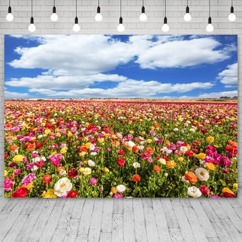 12x6ft Flower Field Backdrop Colorful Ranunculus Meadow Floral Landscape Photography Background Blue Sky White Clouds Spring Scenery Decor Weddings Banner Mother's Day Decors - Image 3