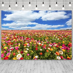 9x6ft Flower Field Backdrop Colorful Ranunculus Meadow Floral Landscape Photography Background Blue Sky White Clouds Spring Scenery Decor Weddings Banner Mother's Day Decors - Image 3