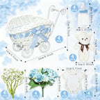 4 Pack Baby Carriage for Baby Shower Centerpiece Table with Wicker Stroller Bottle Bear Cards Rattan Artificial Rose Hydrangea Baby's Breath Floral Card Holder Decoration(Blue&32pcs) - Image 3