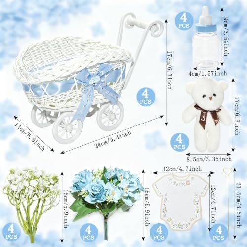 4 Pack Baby Carriage for Baby Shower Centerpiece Table with Wicker Stroller Bottle Bear Cards Rattan Artificial Rose Hydrangea Baby's Breath Floral Card Holder Decoration(Blue&32pcs) - Image 3