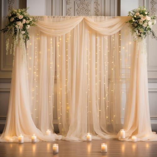 20x8ft Champagne Tulle Backdrop Curtain with Lights String for Parites, Sheer Backdrop Curtains for Wedding Baby Shower Birthday Party Photo Shoot Decorations - Image 3