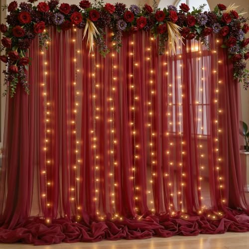 10x10ft Burgundy Tulle Backdrop Curtain with Lights String for Parites, Sheer Backdrop Curtains for Wedding Baby Shower Birthday Party Photo Shoot Decorations by Partisky