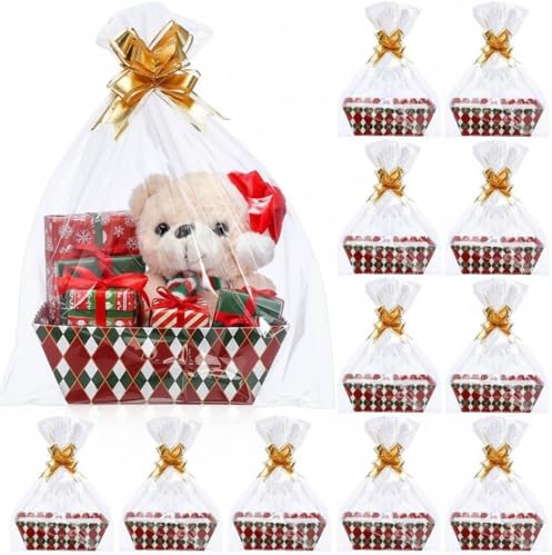 Nuogo 12 Pack Christmas Basket for Gifts Empty 9.8 x 6.5 Inch Bulk Gift Baskets Empty to Fill Cardboard Trays with Basket Bags, Pull Bows for Christmas Holiday Birthday Party Gifts(Plaid Style) by Nuogo