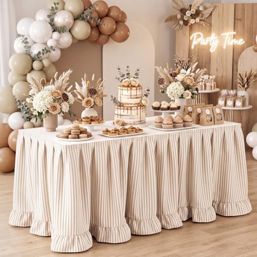 Flutesan 14 ft Brown Stripped Table Skirt for Rectangle Tables - Image 6
