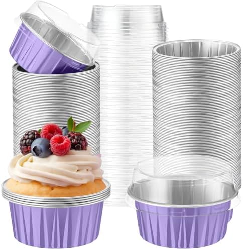 200 Pack Aluminum Cupcake Liners with Lids,Taro Purple,Plain by Gandeer