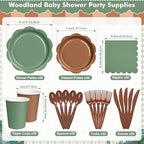 350 Pcs Woodland Baby Shower Party Supplies Set - Sage Green and Brown Paper Plates and Napkins Set Include Scalloped Paper Plate Napkin Cup Spoon Fork Knife for Safari Jungle Baby Shower Decorations - Image 2