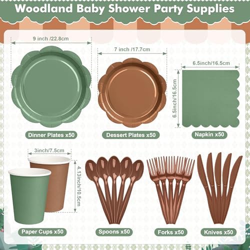 350 Pcs Woodland Baby Shower Party Supplies Set - Sage Green and Brown Paper Plates and Napkins Set Include Scalloped Paper Plate Napkin Cup Spoon Fork Knife for Safari Jungle Baby Shower Decorations - Image 2