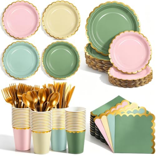 Kochorie 140PCS Sage Green & Pink Disposable Dinnerware Set for 20 Guests by Kochorie