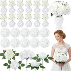 Suncalla 60 Pcs Assorted Silk Artificial Flowers, Faux Fake Full Hydrangea Peony Rose Bouquet with Leaf Stem for Wedding Centerpiece Bridal DIY Craft Baby Shower Party Decor(White) by Unknown