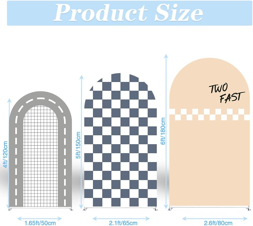 Set of 3 Racing Car Arch Backdrop Cover Track Checkered Spandex Stretchy Arch Cover for Boys Birthday Wedding Baby Shower Party Decoration (4ft,5ft,6ft,Two Fast) - Image 4