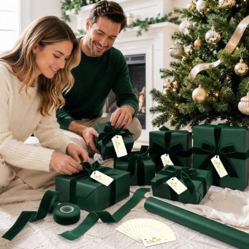 Matte Green Christmas Kraft Wrapping Paper 45 ft Velvet Ribbon 12 Gift Tags - Image 6