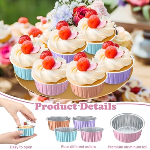 200 Pack Aluminum Cupcake Liners with Lids,Pastel,Plain - Image 2