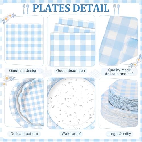 Funnymoom 250 Pcs Blue Gingham Paper Plates and Napkins Party Supplies - Image 2