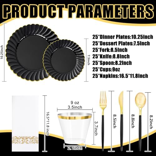 Ciaell 175 Piece Black and Gold Plastic Plates for Weddings Parties - Image 2