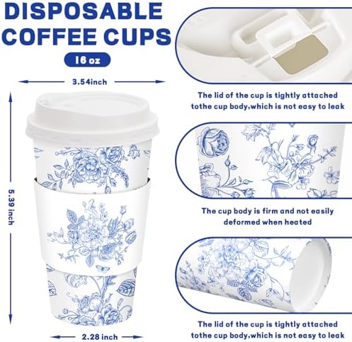 FYSUIMU 50Pcs 16Oz Blue Floral Disposable Coffee Cups with Lids and Sleeves Blue White Chinoiserie Flower Paper Drinking Cup for Wedding Birthday Baby Shower Party Supplies - Image 2