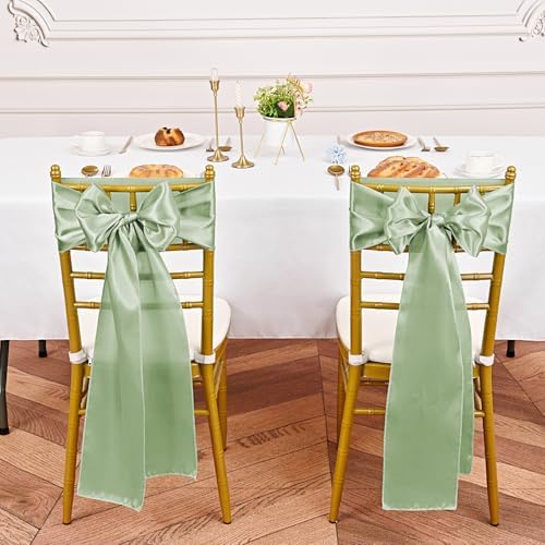 YMHPRIDE 60 PCS Sage Green Satin Chair Sashes, 7x108 Inch Ties Chair Bows - Image 4