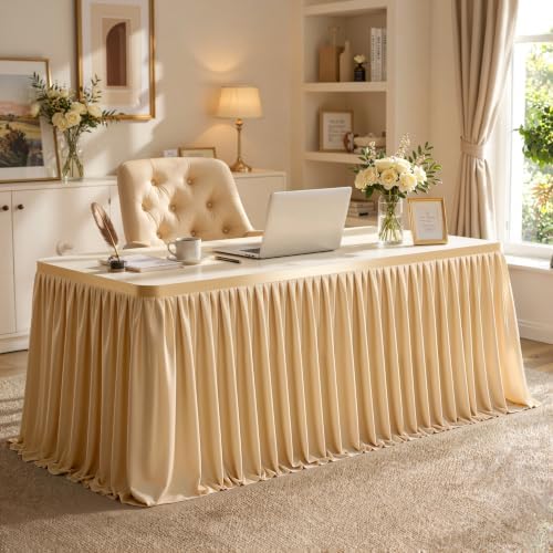 Partisky Champagne Polyester Table Skirt for Rectangle Tables 14ft, Wrinkle Resistant Pleated Ruffle Table Cloth for Banquet Wedding Display Dining Table - Image 3
