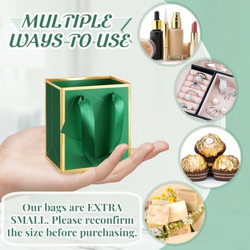 Yeaqee 50 Pcs Mini Paper Gift Bags with Handles Tag, Dark Green,Gold - Image 3