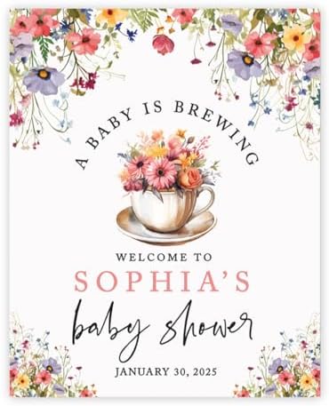 Andaz Press Personalized A Baby is Brewing Baby Shower Decorations, Floral Tea Party Baby Shower Welcome Sign Decor, Brunch Party Decorations, 16x20 Inch by AndazPress