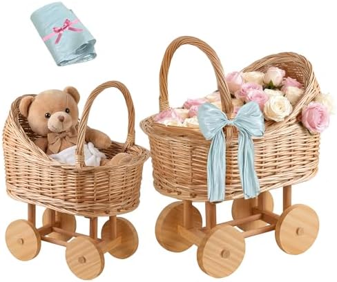 Woven rattan baby stroller baskets, vintage rattan flower cart, wicker stroller carriage for baby shower,wedding and gift decorations, pushcart-style decorative flower stands (12 in + 15 in) by Unknown